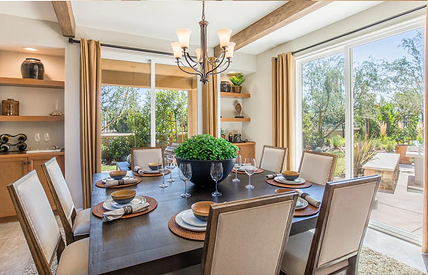 Sliding patio door opening to a covered outdoor area