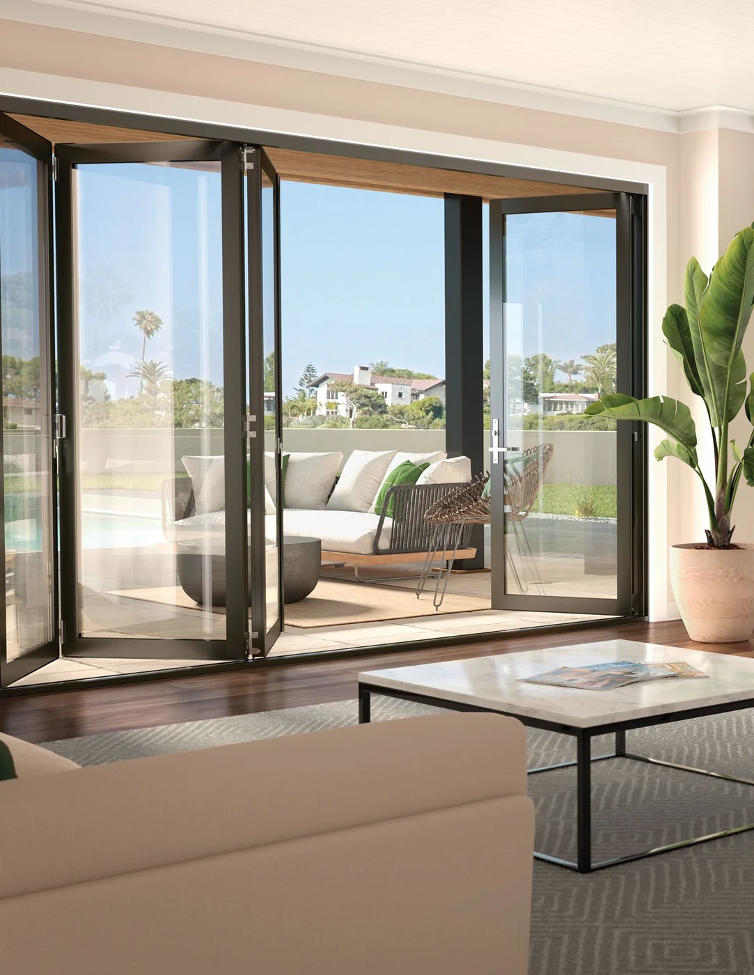 Milgard AX550 moving glass wall with dark aluminum frames