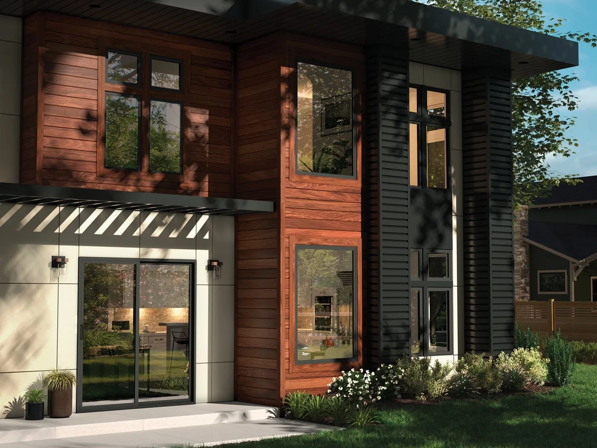 Exterior view of black Milgard V300 doors and windows