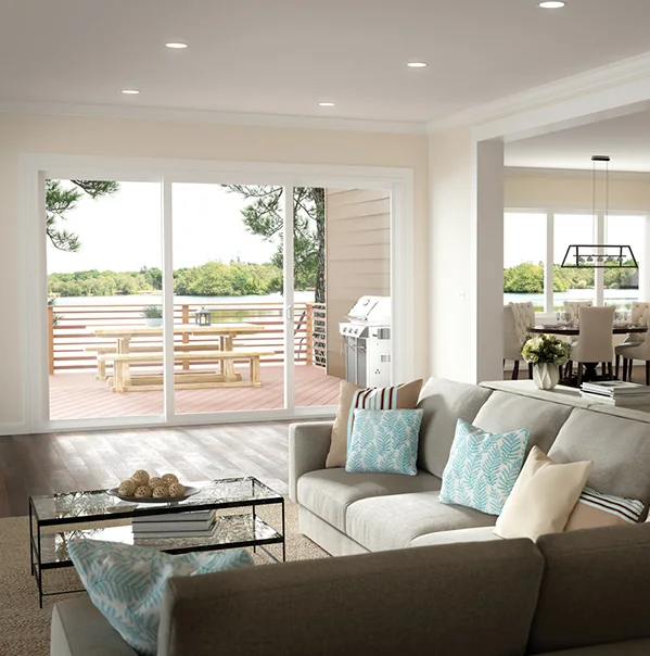 Milgard V400 sliding patio door open to an outdoor space