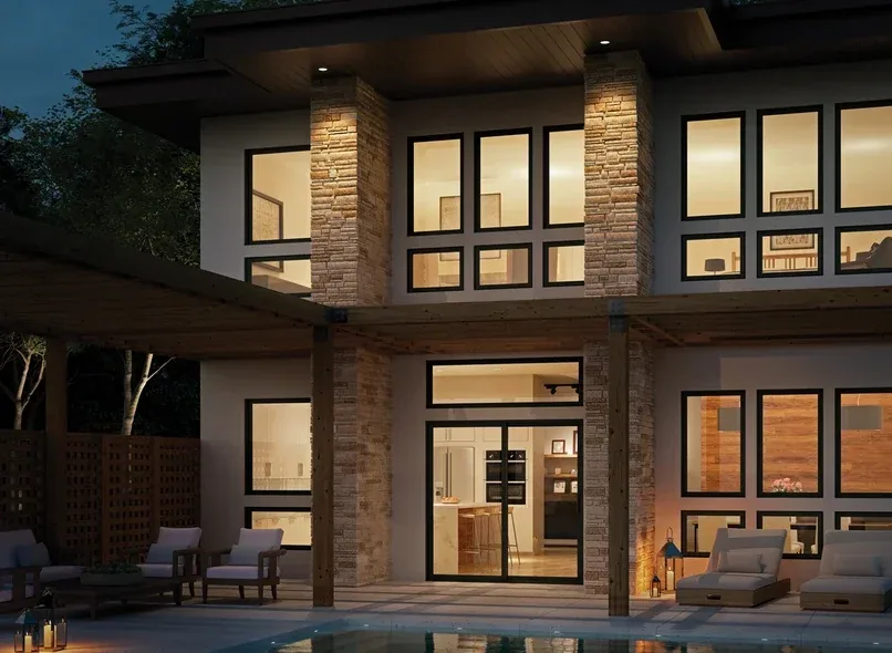 Two-story home with black Milgard V300 Trinsic windows and doors