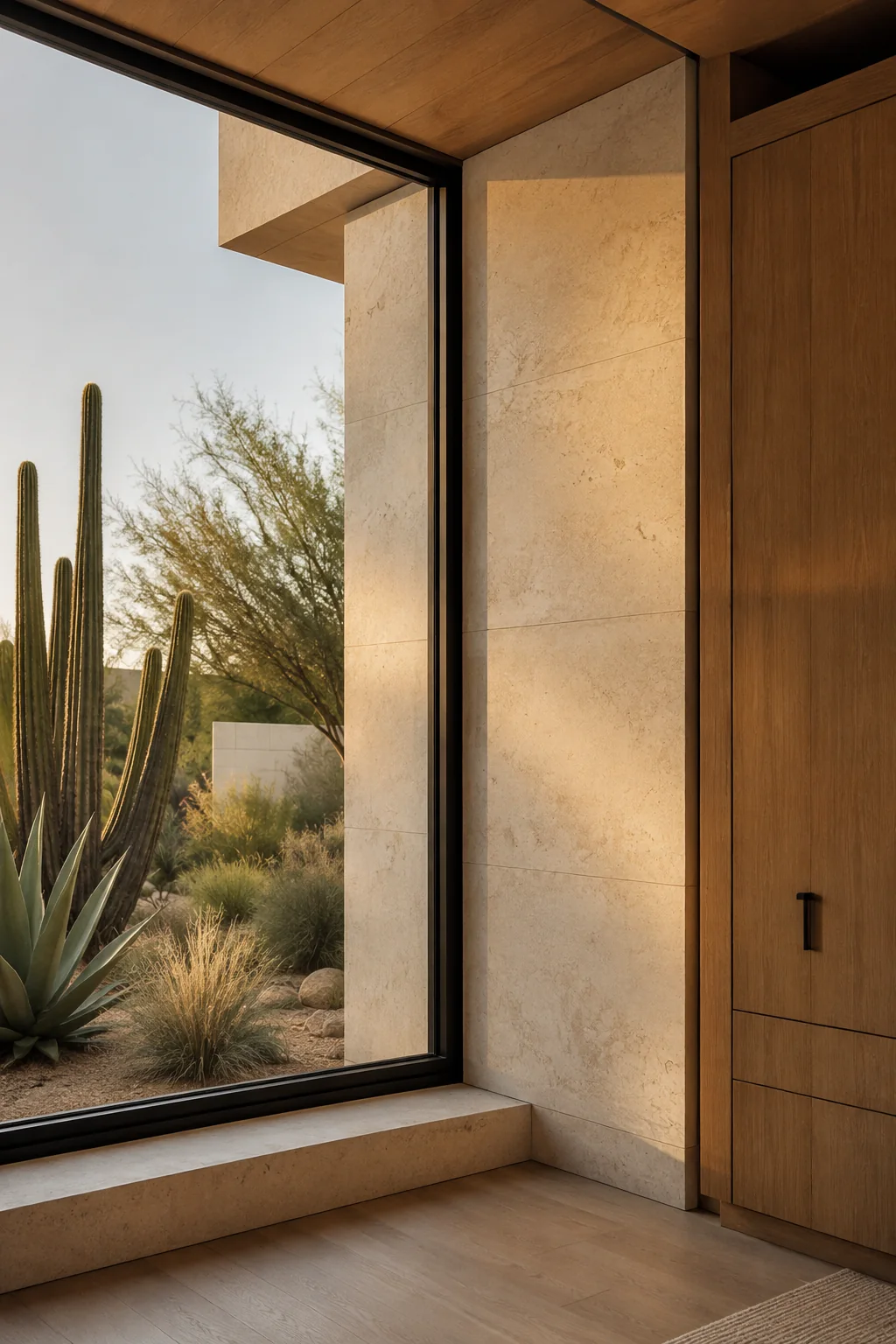 Tall bronze-framed picture window overlooking desert landscaping